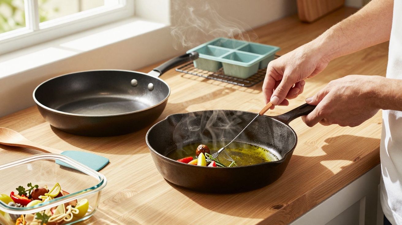 Pessoa cozinhar legumes numa frigideira com azeite, enquanto outra panela e saladeira estão ao lado na bancada.