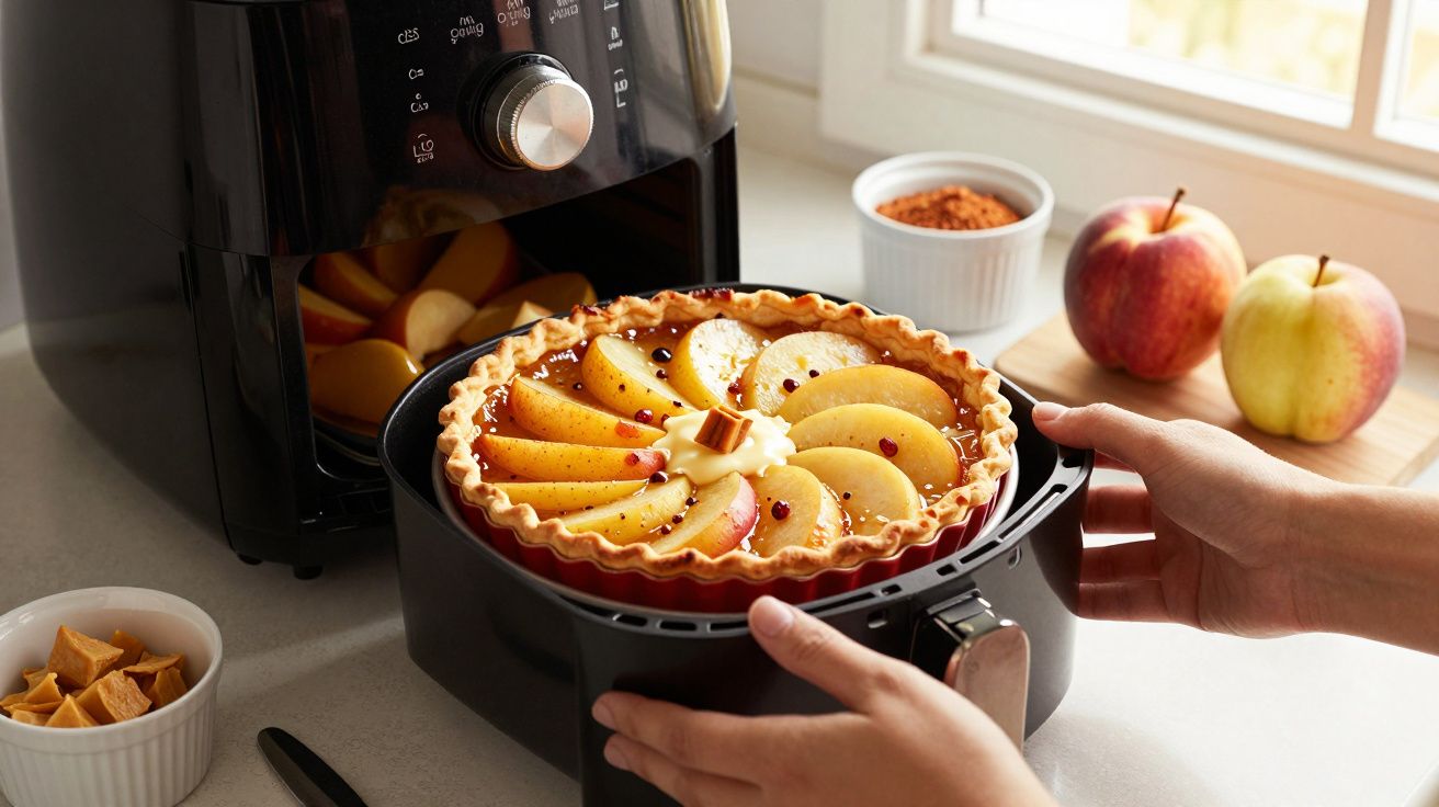 Tarte de maçã a ser retirada de uma fritadeira, com maçãs e ingredientes ao fundo na bancada da cozinha.