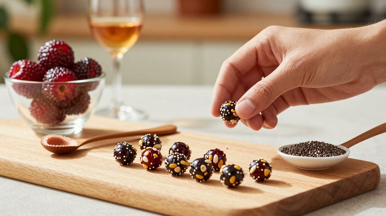 Mão segura doce de chocolate sobre tábua, com frutas numa taça e taça de vinho ao fundo.
