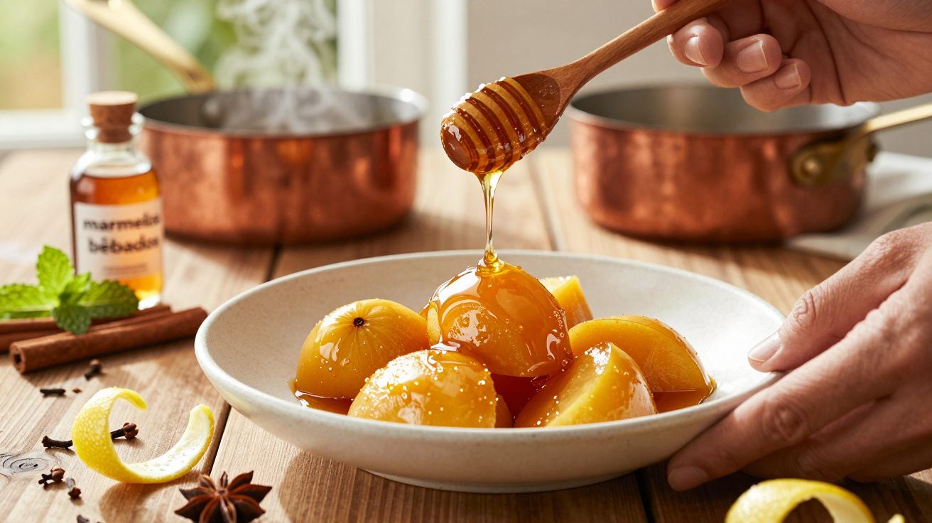 Tigela com pêssegos cobertos de mel, sendo servido com favo, ao lado de panelas de cobre e ingredientes na mesa.