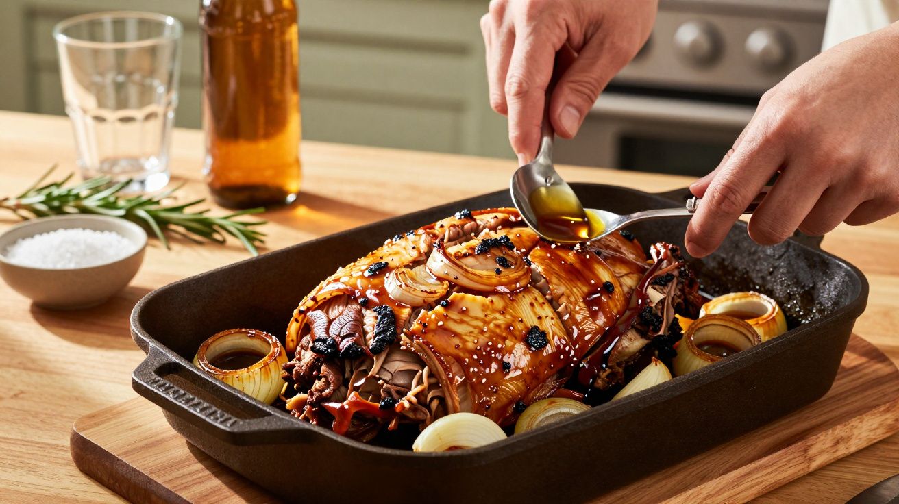 Mão a deitar molho sobre carne assada com cebolas numa travessa de ferro, em cima de uma mesa de madeira.