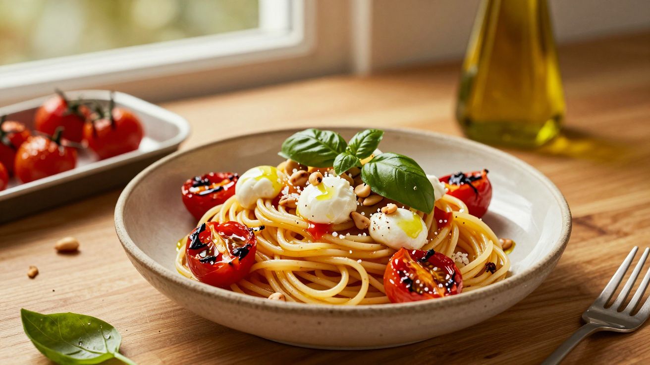 Prato de esparguete com tomate assado, queijo, manjericão e pinhões, decorado com azeite, numa mesa de madeira.