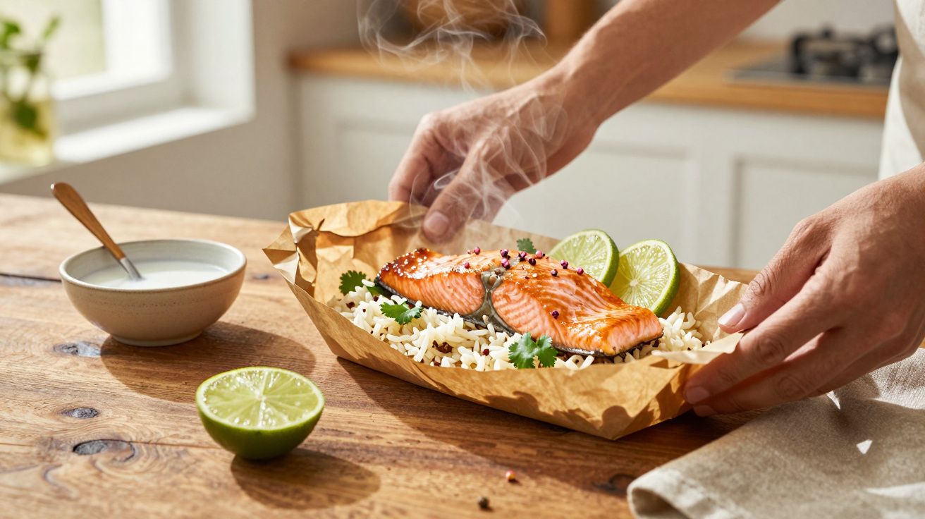 Papelote de salmão fumegante com arroz, lima e coentros sobre mesa de madeira em cozinha iluminada.