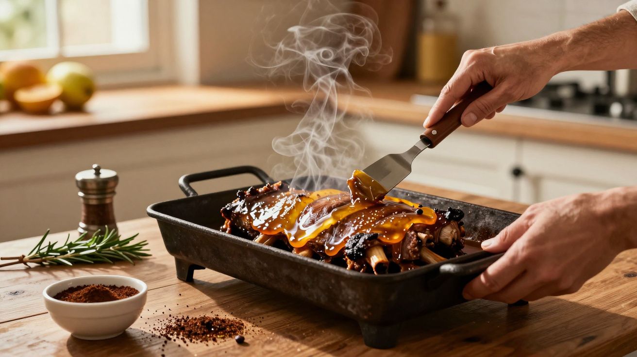 Mãos seguram travessa com costelas assadas e cobertas de molho, numa cozinha com madeira e ervas ao fundo.