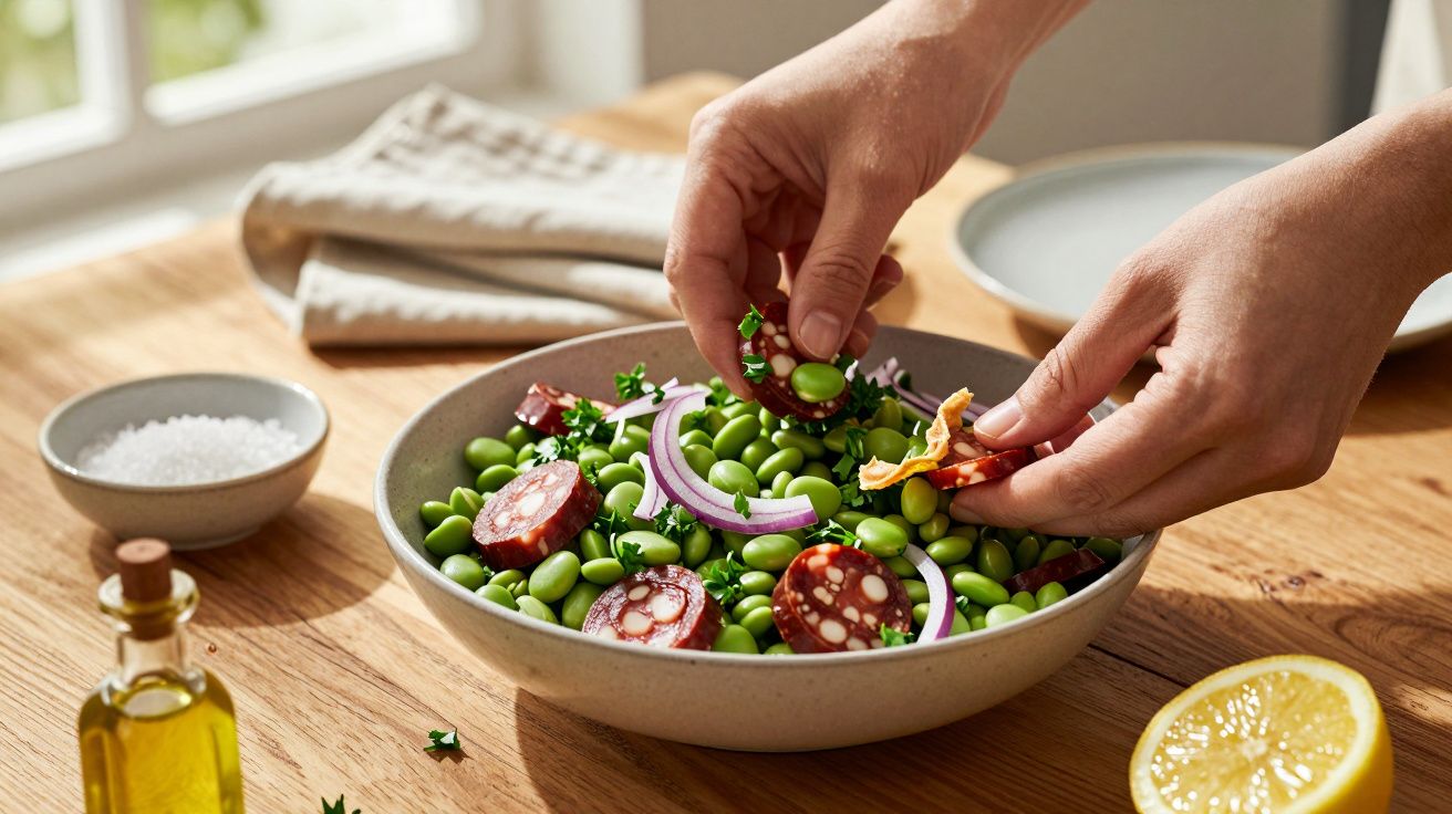 Mãos preparam salada de edamame com rodelas de chouriço e cebola roxa numa mesa de madeira iluminada pelo sol.