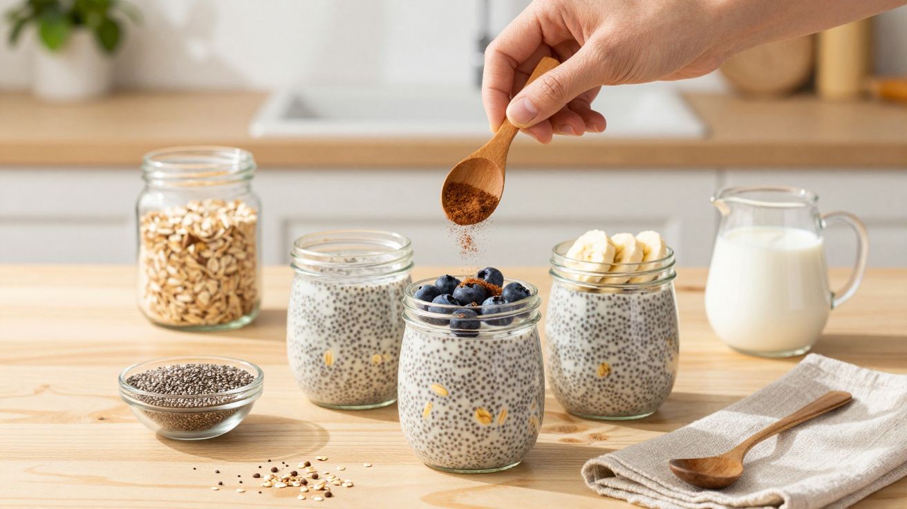 Mão polvilhando canela em frasco de pudim de chia com mirtilos. Outros frascos com pudim de chia, sementes e leite ao fundo.