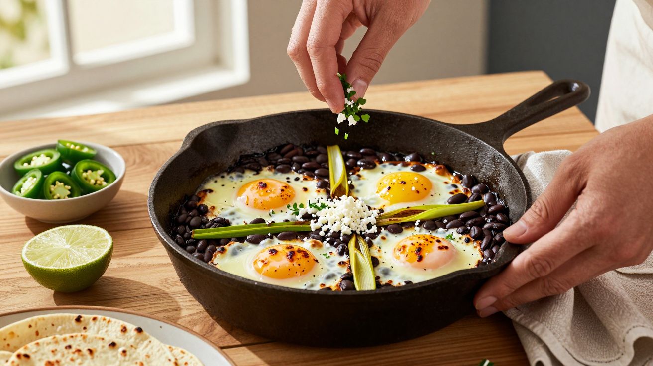 Mãos a adicionar ervas sobre uma frigideira com ovos estrelados, feijão preto e cebolinhas, em cima de uma mesa de madeira.