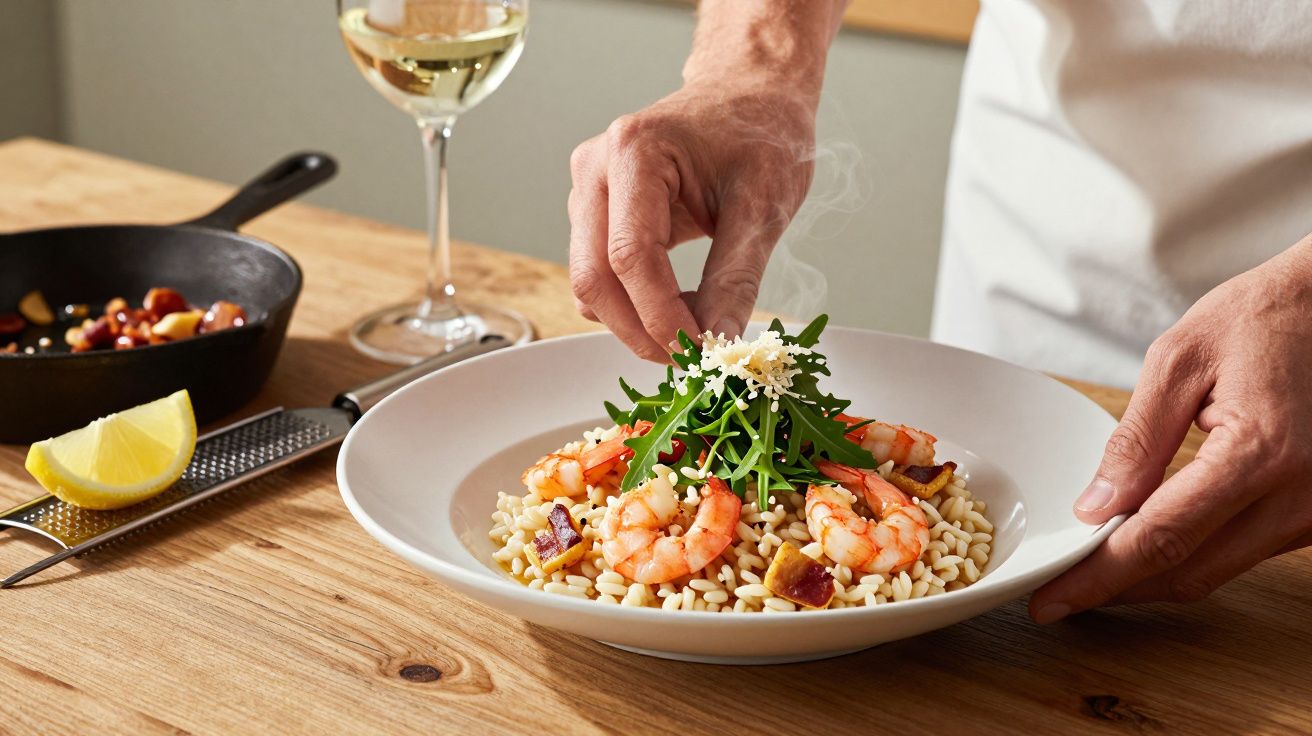 Chef a preparar prato de risotto com camarões e rúcula, com frigideira e taça de vinho ao fundo.