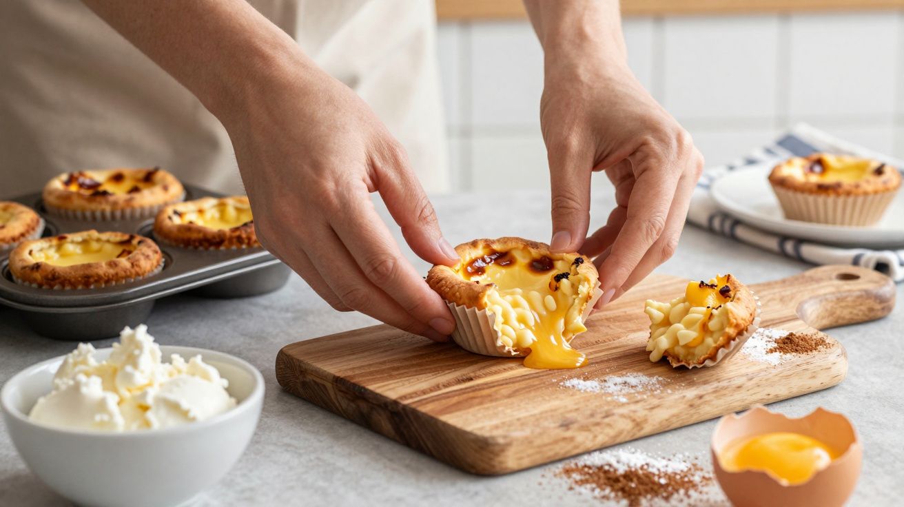 Pessoa a preparar pastéis de nata cremosos sobre uma tábua de madeira, com tigela de chantilly ao lado.