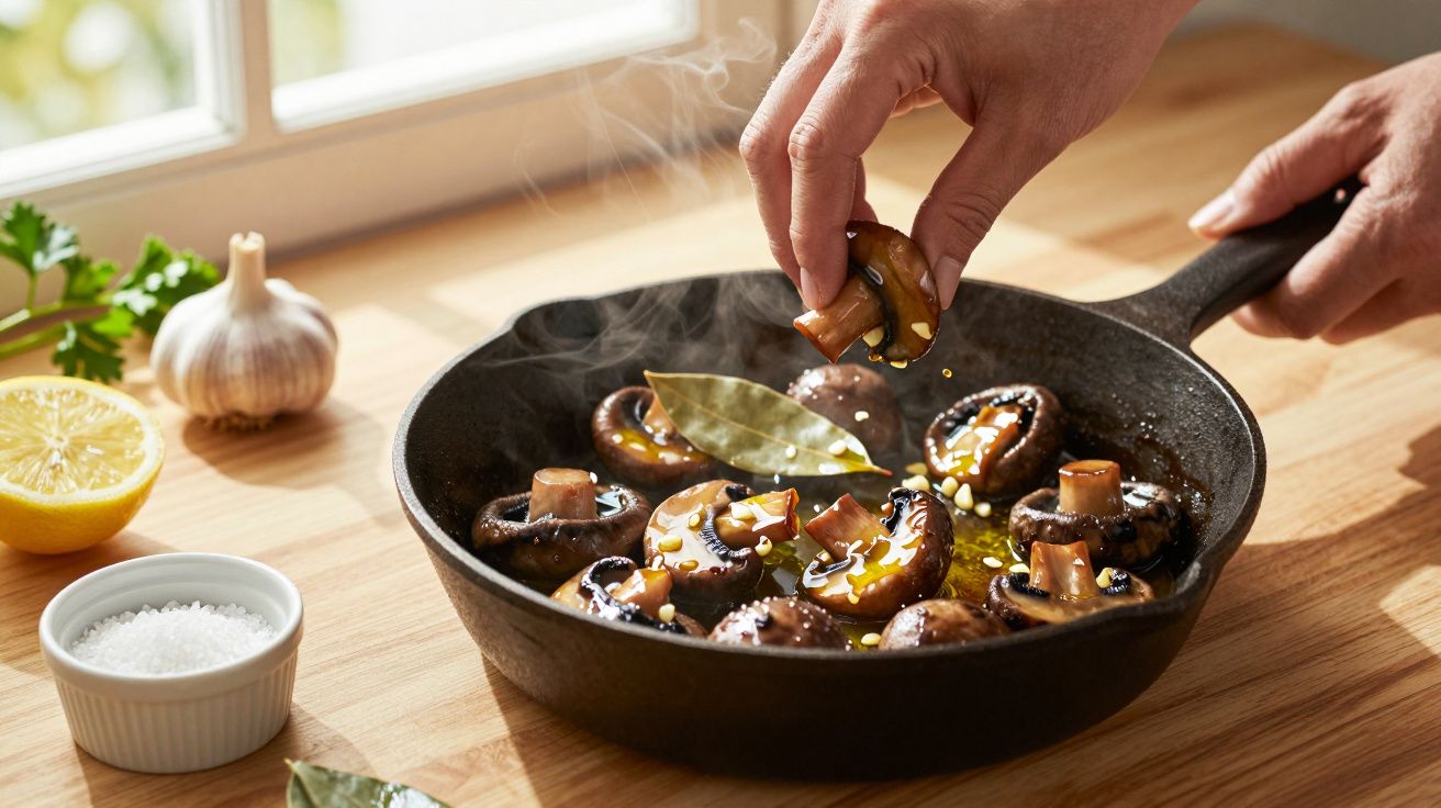 Mãos a cozinhar cogumelos num tacho de ferro, ao lado de alho, limão e sal, com vapor a subir.