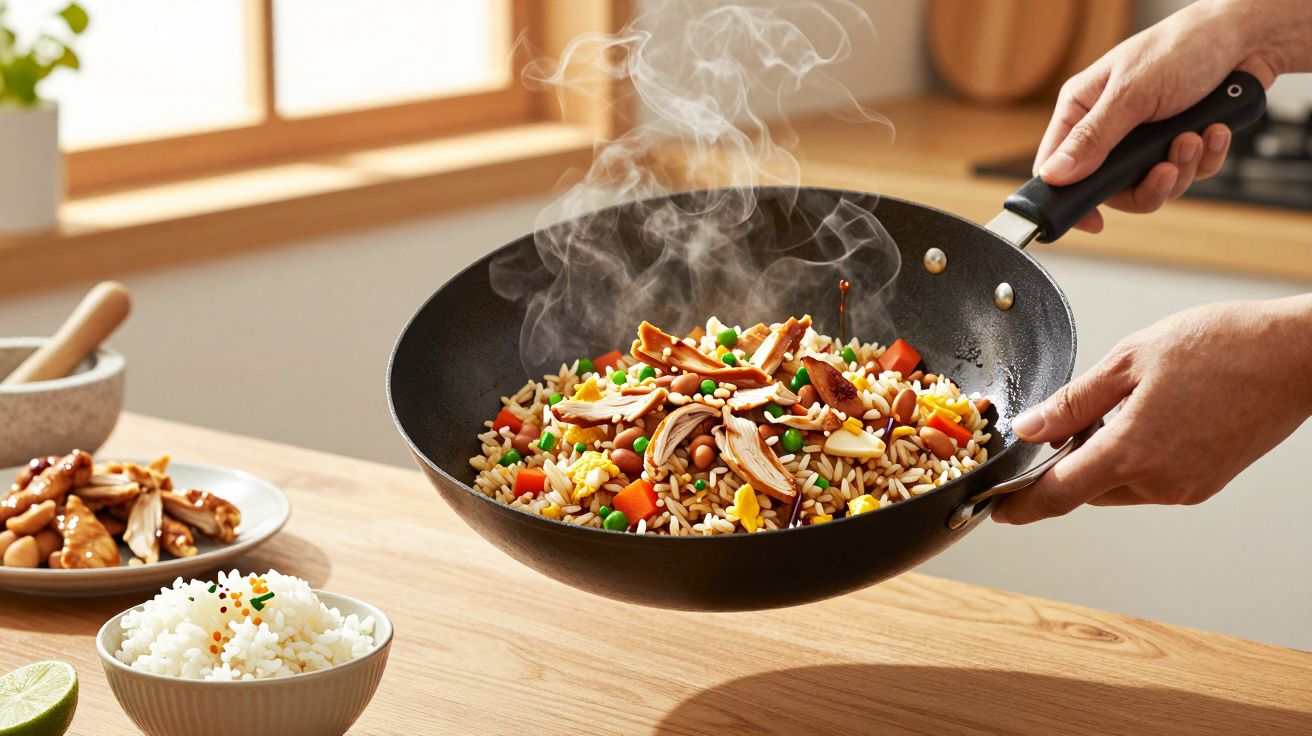 Pessoa cozinha arroz frito com legumes e frango numa frigideira wok, ao lado de tigelas de arroz e condimentos.