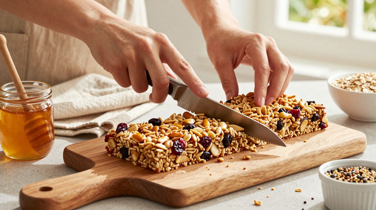 Pessoa a cortar barra de cereais caseira numa tábua de madeira, com frascos de mel e sementes ao lado.