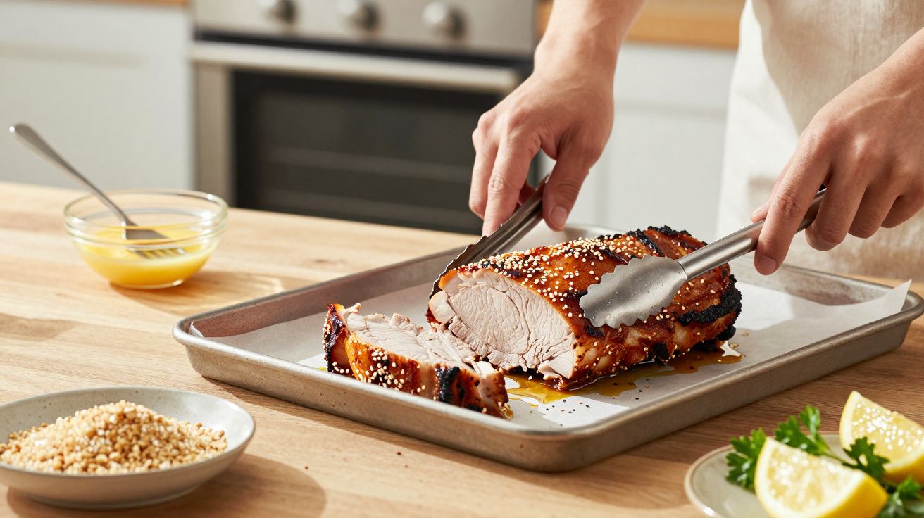 Pessoa a cortar carne assada numa travessa de metal, com limão e salsa na mesa.