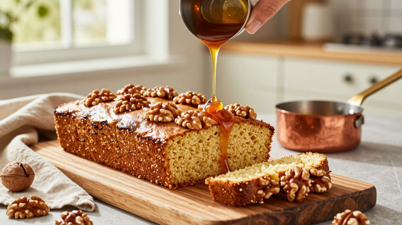 Bolo coberto com nozes e mel a ser derramado, em cima de uma tábua de madeira, com uma panela de cobre ao fundo.