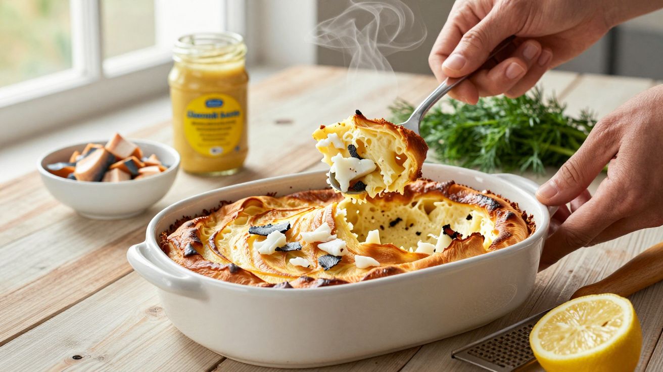Mãos servem lasanha fresca num tabuleiro, com limão e ervas ao fundo numa mesa de madeira junto a uma janela iluminada.