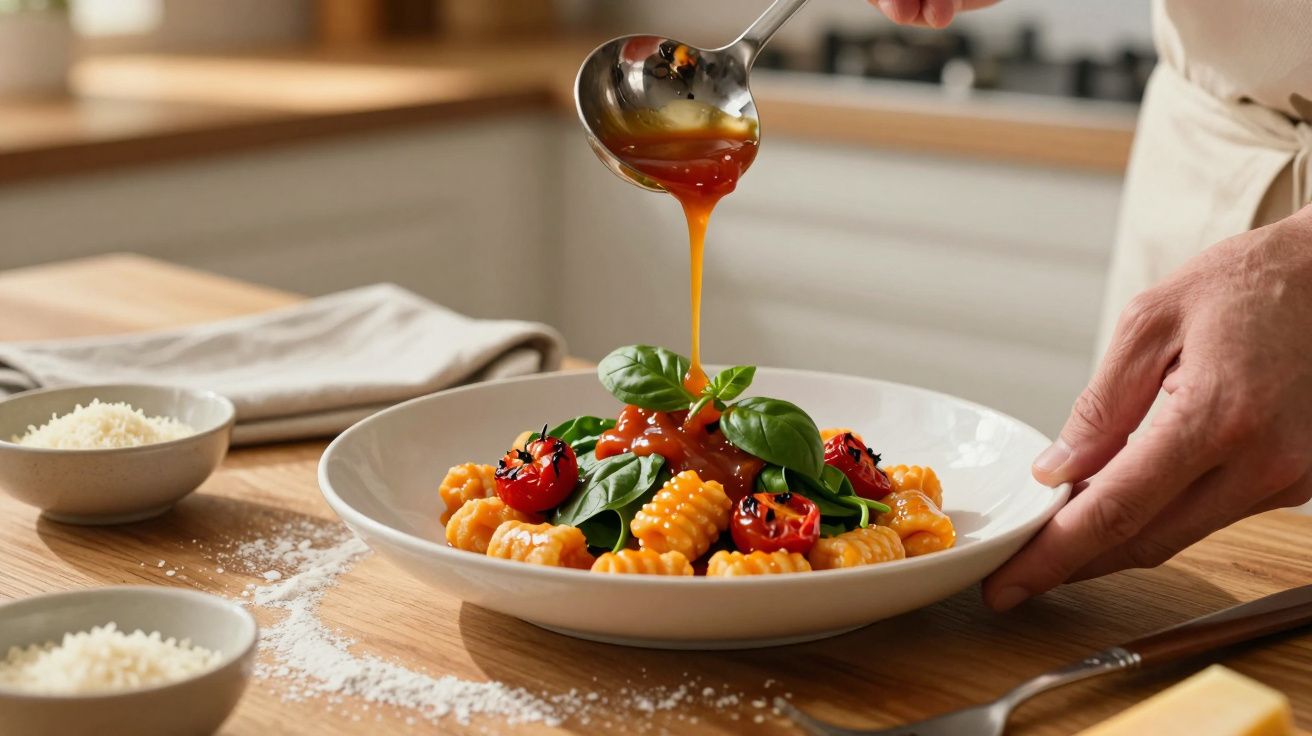 Mão a verter molho sobre gnocchi com tomate cherry e manjericão numa cozinha.