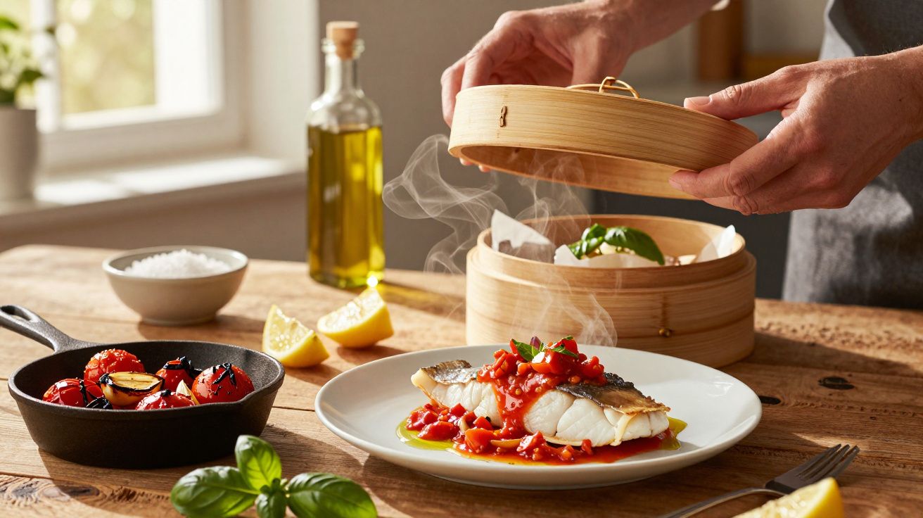 Prato de peixe com molho de tomate e manjericão, ao lado de vegetais grelhados, azeite e vapor no ar.