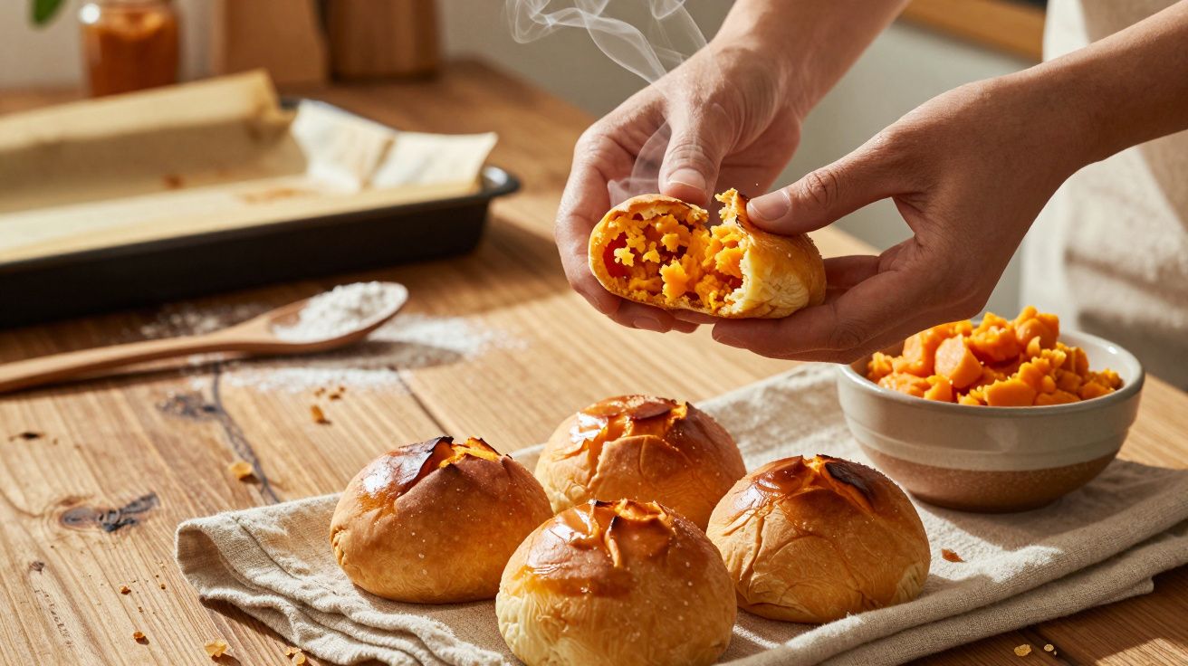 Pessoa abrindo pão com recheio de abóbora sobre mesa de madeira, ao lado de pães e tigela com recheio.