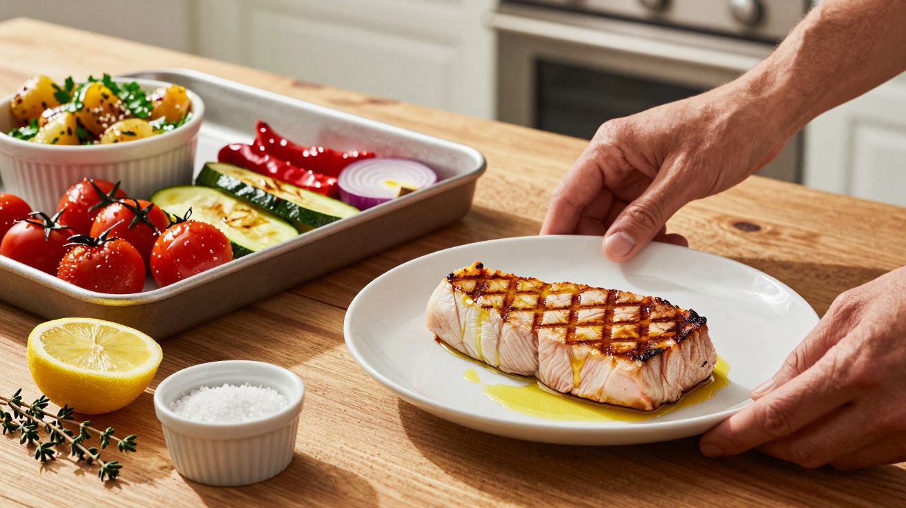 Mãos servindo um prato de salmão grelhado, com vegetais assados ao lado e limão como guarnição sobre mesa de madeira.