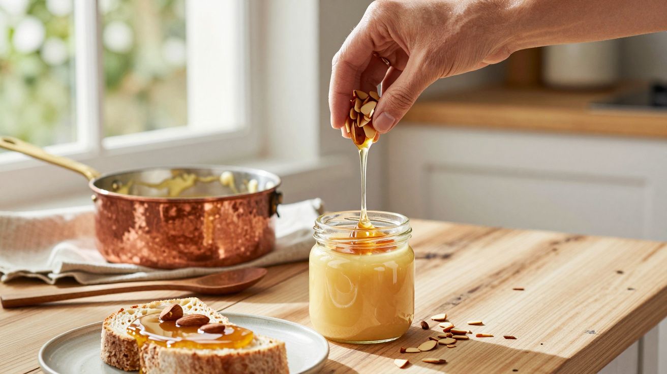 Mão adiciona amêndoas a frasco de mel em mesa de cozinha, pão com mel ao lado.