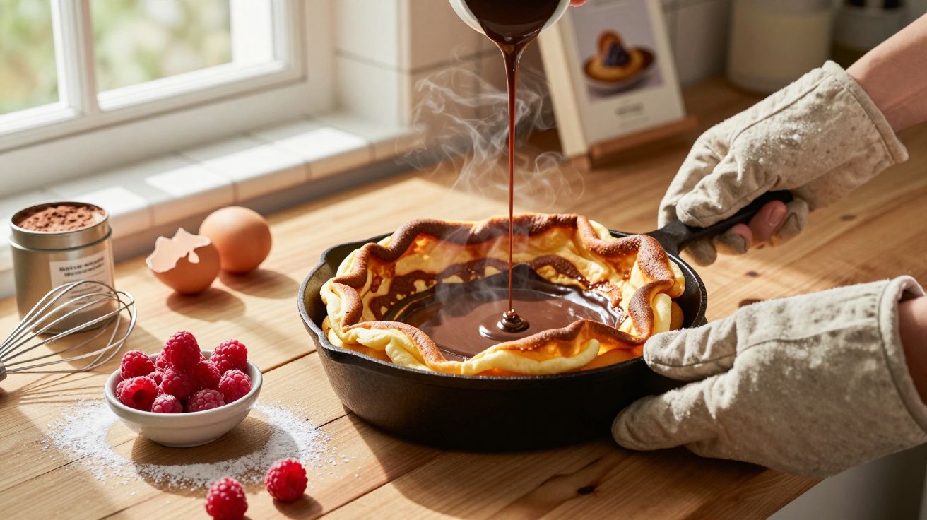 Pessoa a verter molho de chocolate sobre uma panqueca dourada numa frigideira, com framboesas ao lado.