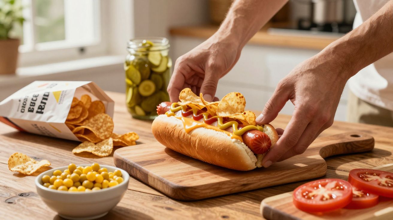 Pessoa a adicionar chips e mostarda a um cachorro-quente numa tábua de cozinha, com pickles e chips ao lado.