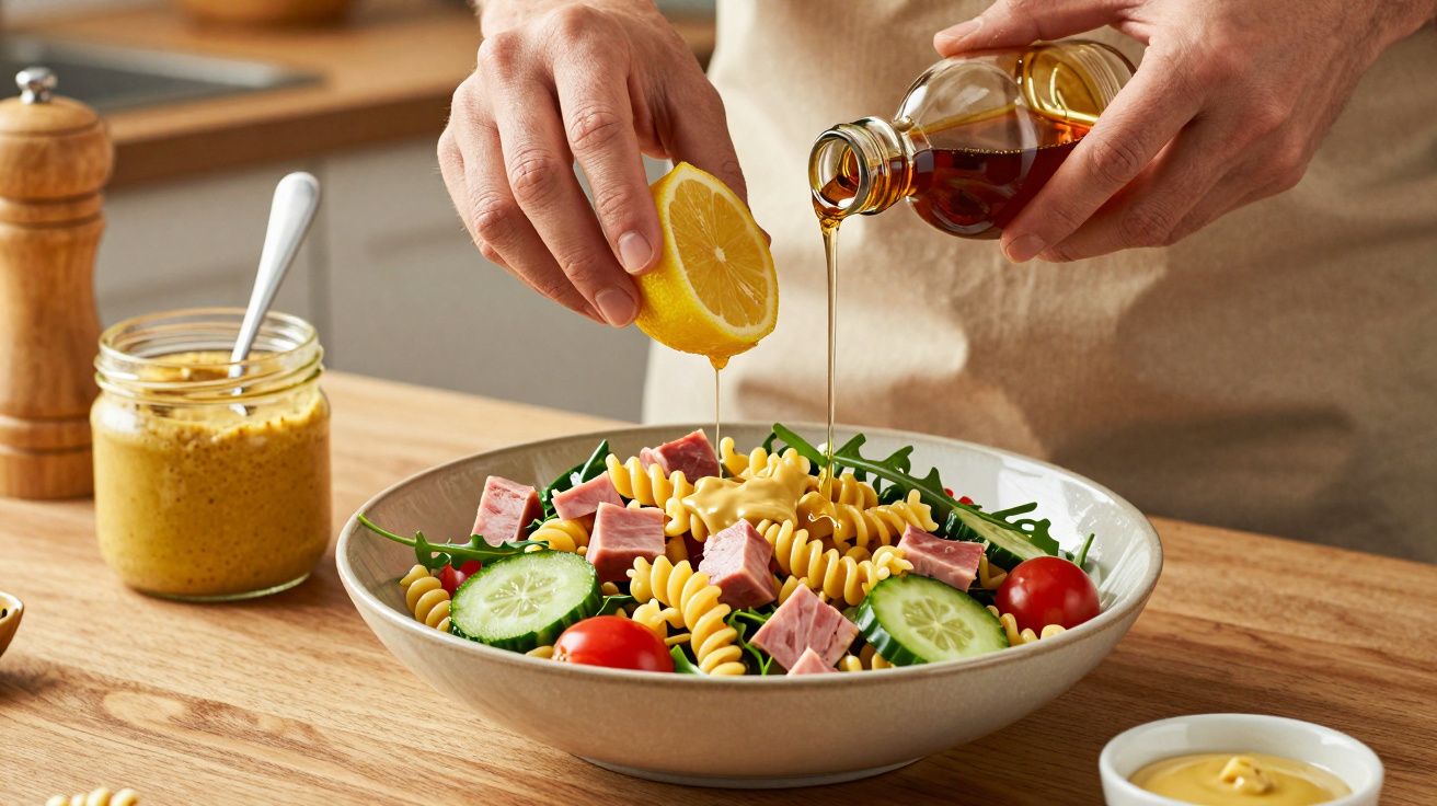 Pessoa a temperar salada de fusilli com limão e azeite numa cozinha.