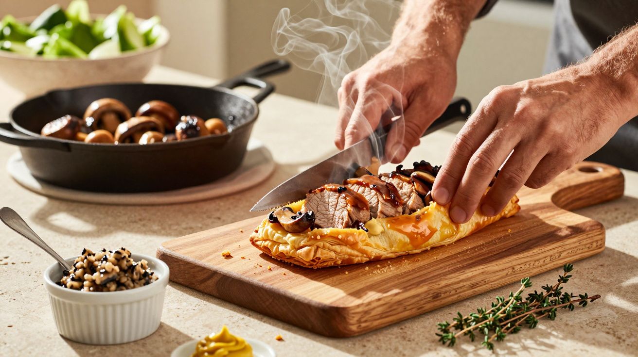 Mãos cortando tarte de carne com cogumelos numa tábua de madeira, frigideira e ingredientes ao fundo.