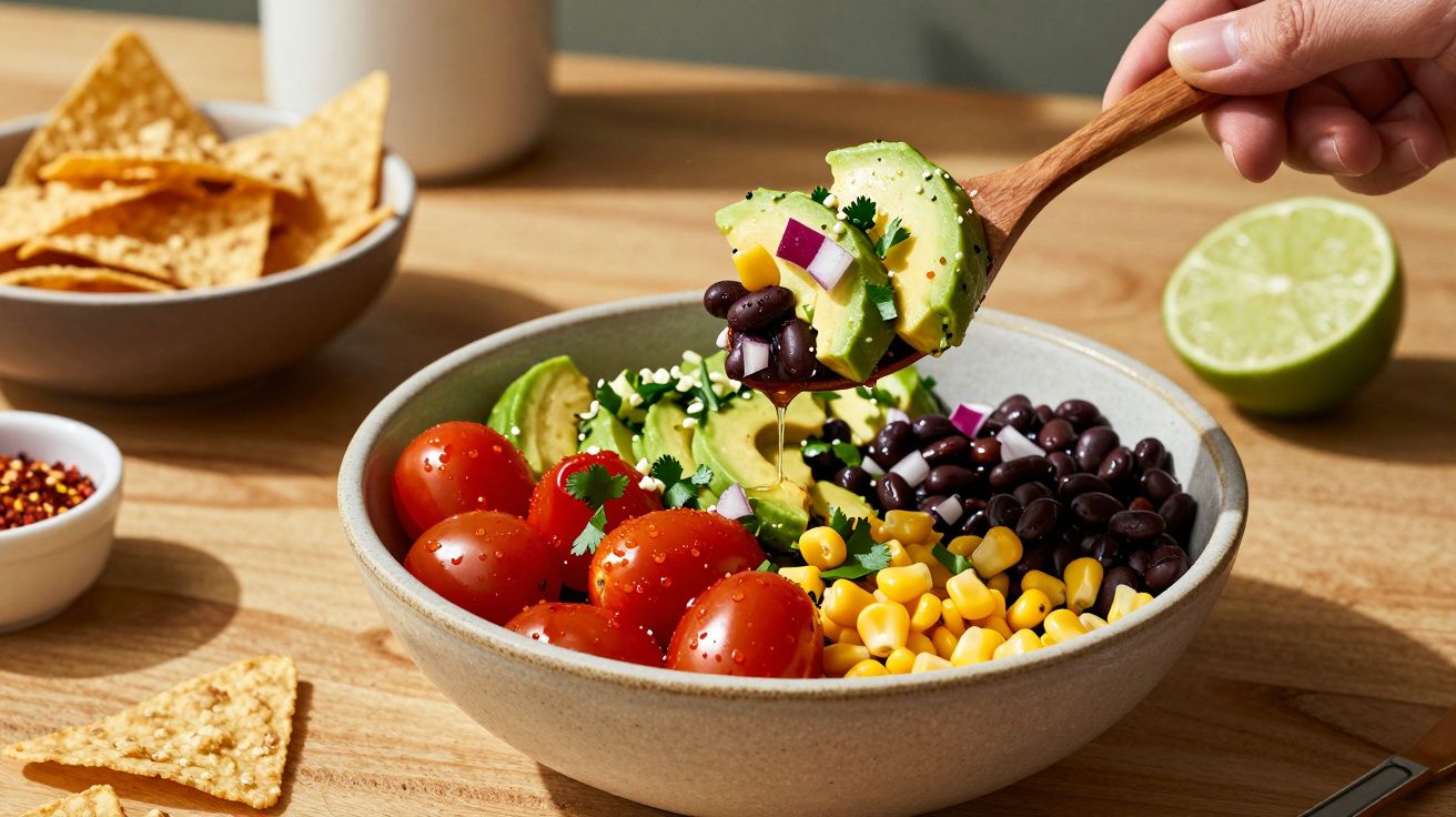 Tigela colorida com abacate, tomate, milho, feijão preto e cebola. Fritos e limão ao fundo. Mão segurando colher.