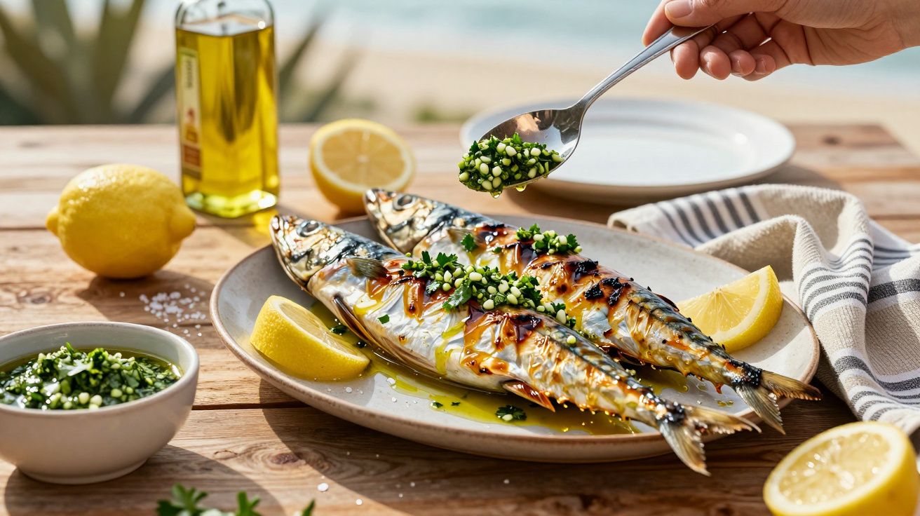Sardinhas grelhadas servidas com molho verde e limão em mesa ao ar livre.
