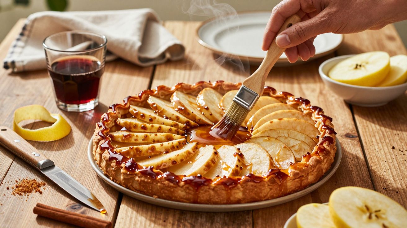 Mão a aplicar molho numa tarte de maçã dourada, em mesa de madeira com copo de bebida e faca ao lado.