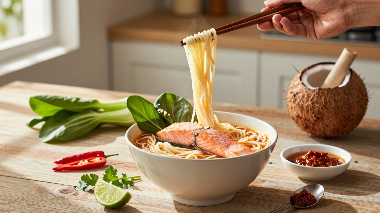 Taça de noodles com salmão e vegetais, rodeada de pimento, lima e coco sobre uma mesa de madeira, mão a levantar noodles.