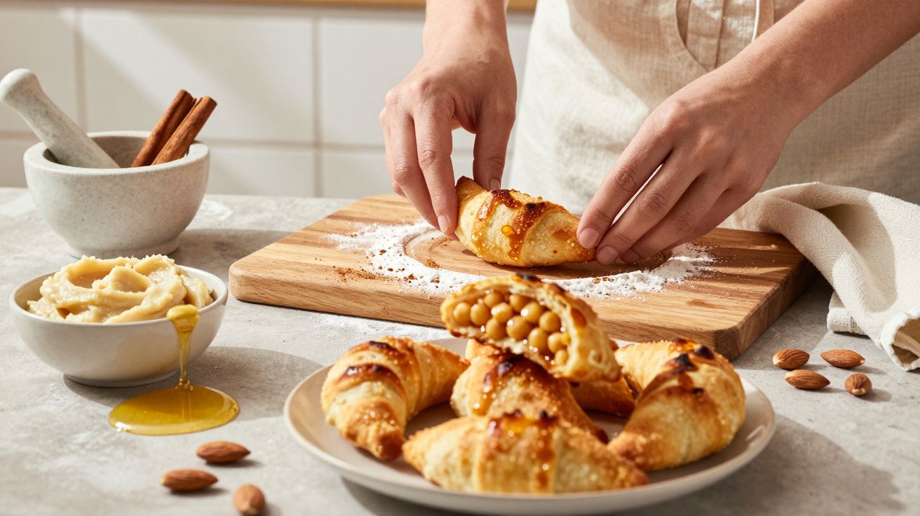Mãos preparam croissants recheados com grão-de-bico numa tábua, com mel e amêndoas ao lado.