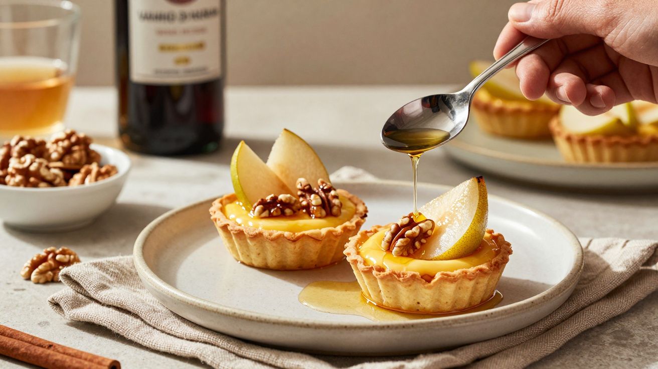 Tarteletes de frutas com nozes e fatias de pera, regadas com mel, numa mesa com uma garrafa de vinho ao fundo.