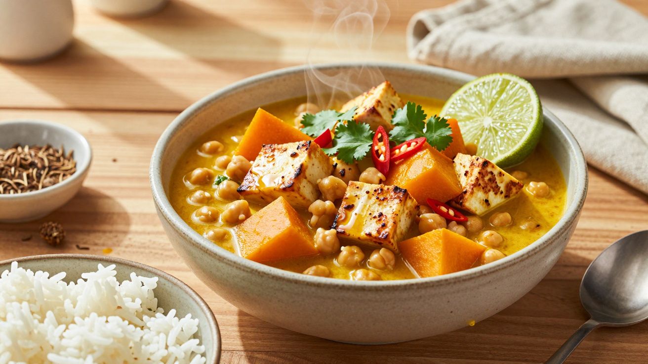 Tigela de caril de grão e tofu com abóbora, guarnecida com lima e coentros, ao lado de arroz branco cozido.