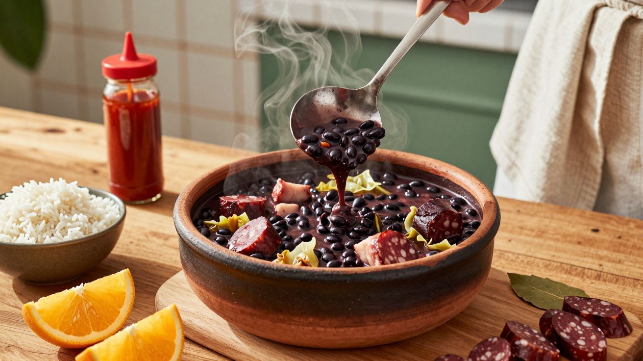 Prato de feijoada fumegante com feijão preto e chouriço, acompanhado de arroz, laranja e garrafa de molho picante.