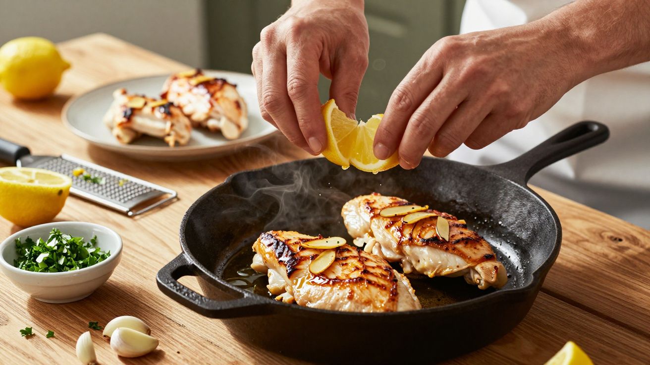 Mãos espremer limão sobre frango grelhado numa frigideira de ferro fundido, com alho e ervas na bancada.