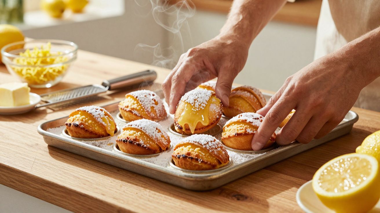 Mãos colocando tartes de limão em tabuleiro de forno, com açúcar em pó e limões ao fundo.