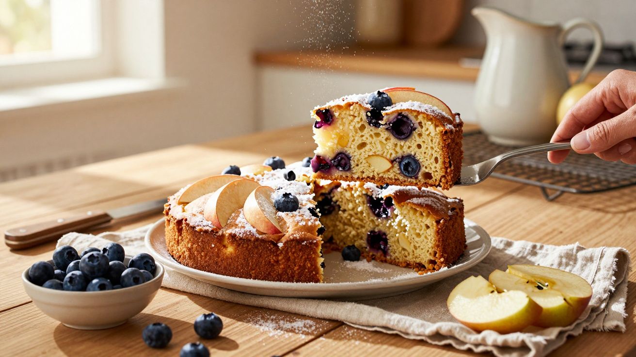 Bolo de maçã e mirtilos polvilhado com açúcar em pó numa cozinha, uma fatia a ser servida.