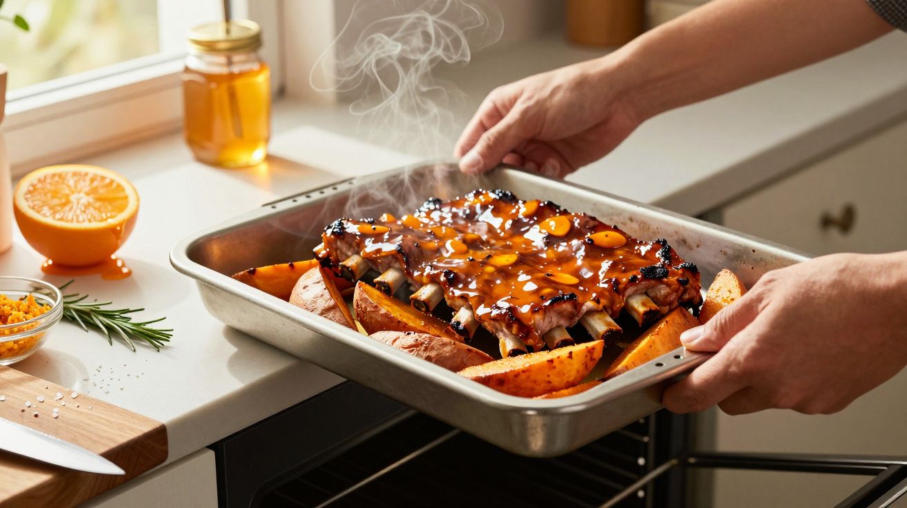Costelas de porco assadas com molho e batatas-doces numa bandeja a sair do forno, numa cozinha bem iluminada.