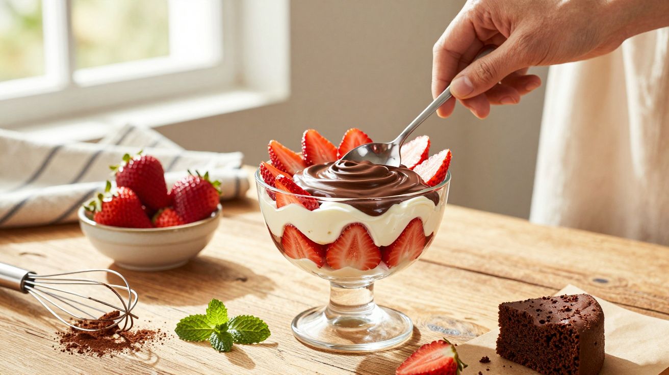Taça de sobremesa com morangos, natas e chocolate, sobre mesa de madeira, com batedor e bolacha ao lado.
