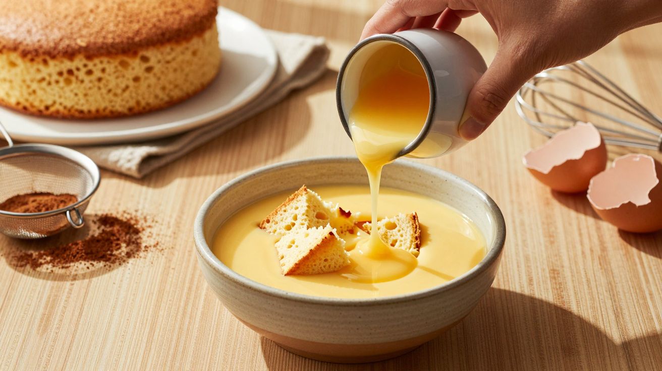 Mão vertendo creme sobre pedaços de bolo em uma tigela, com utensílios de cozinha ao fundo.