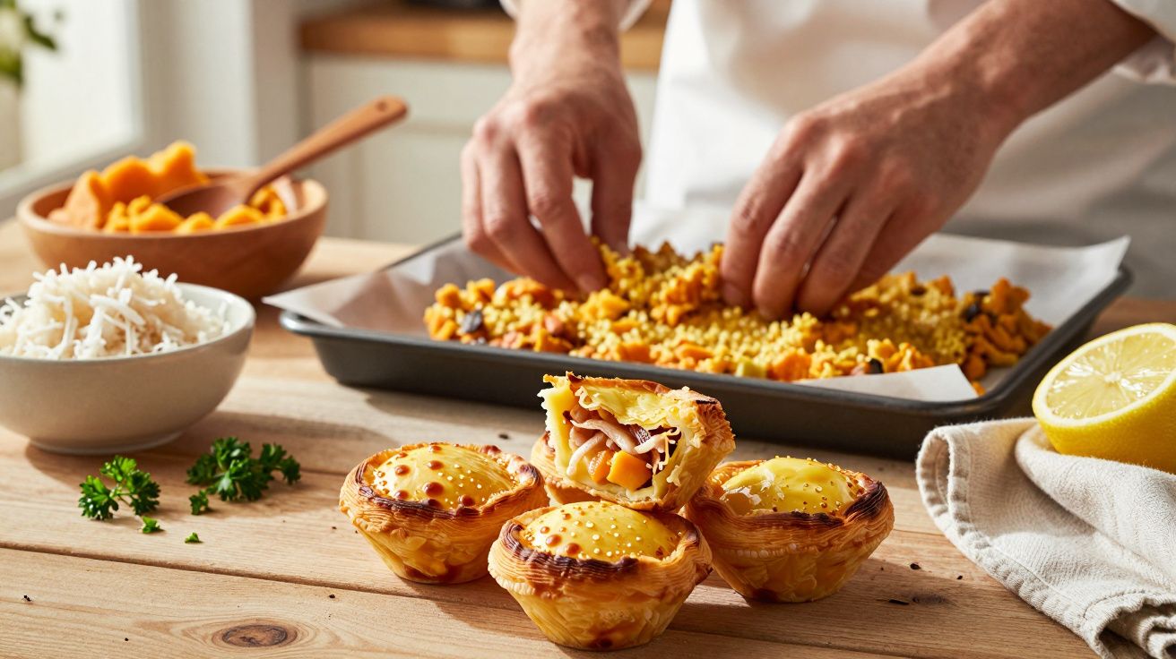 Pessoa a preparar pastelaria, com pastel de massa folhada recheado em destaque, numa bancada com bol de coco e limão.