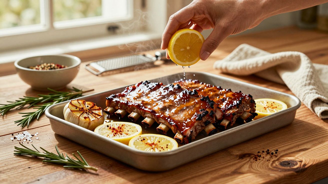 Costelas assadas em tabuleiro com rodelas de limão, alecrim e alho, com mão a espremer um limão por cima.