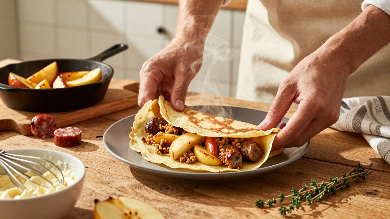 Pessoa a preparar uma crepe recheada com salsicha, maçã e especiarias numa cozinha.