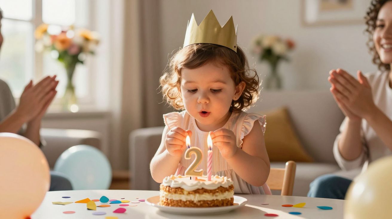 Criança com coroa a soprar velas de aniversário, com um bolo à frente e pessoas aplaudindo ao fundo.