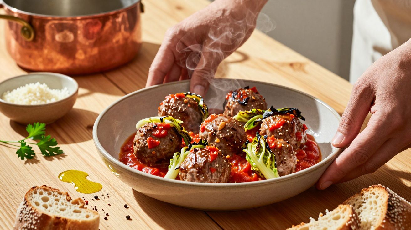 Pessoa servindo almôndegas em molho de tomate com cebolinho, ao lado de pão e queijo ralado.