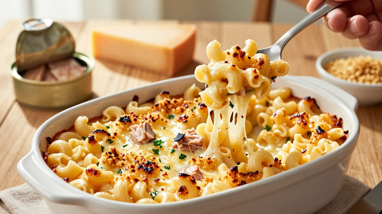 Gratinado de massa com queijo derretido, pedaços de atum e ervas, servido numa travessa branca sobre uma mesa de madeira.