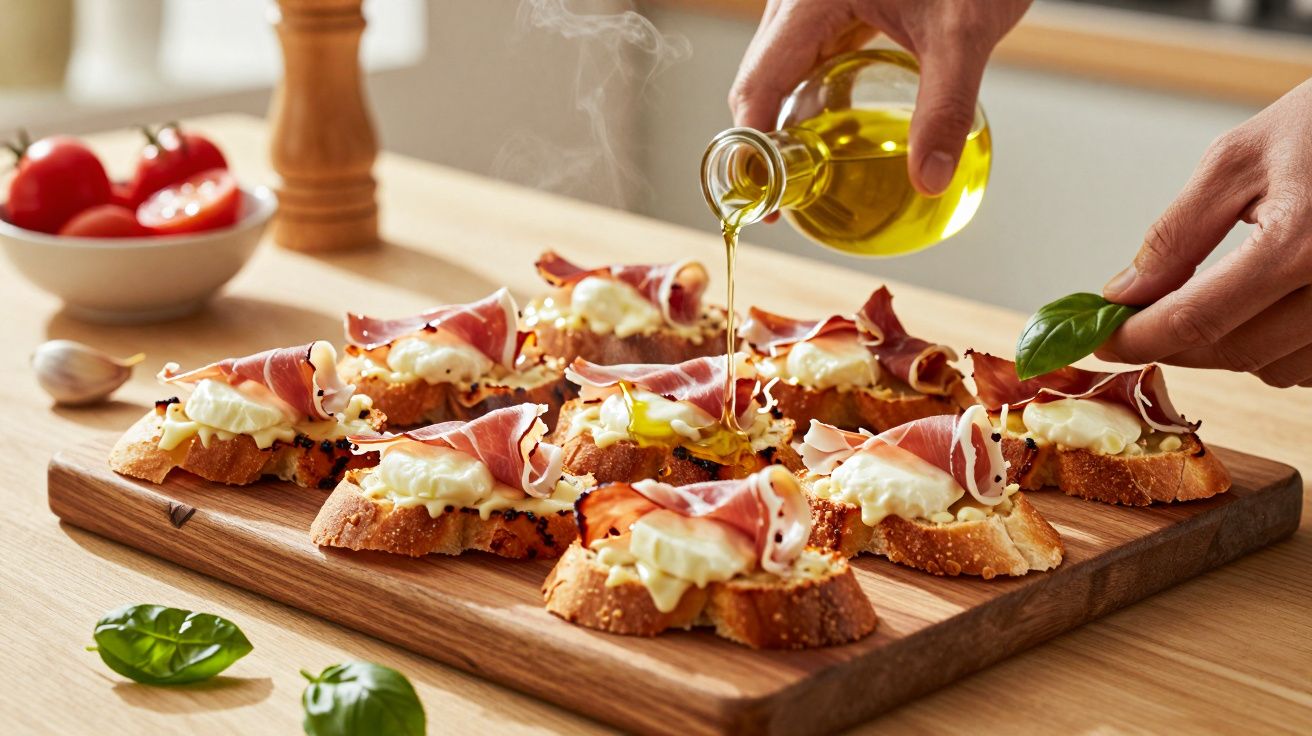 Mãos adicionam azeite a bruschettas com presunto e queijo creme em tábua de madeira, tomate e manjericão ao fundo.