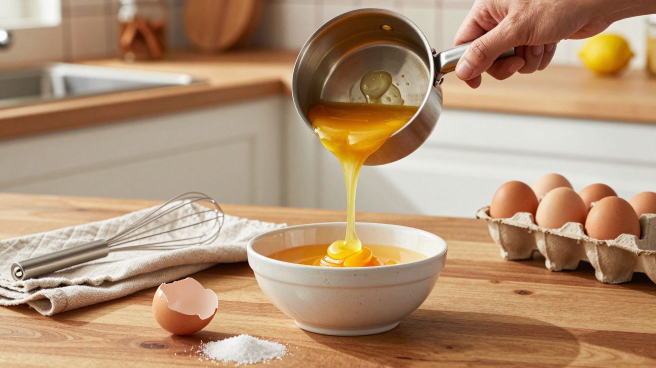 Pessoa a verter ovos batidos numa taça alinhada com ovos, batedeira, casca e sal numa cozinha.